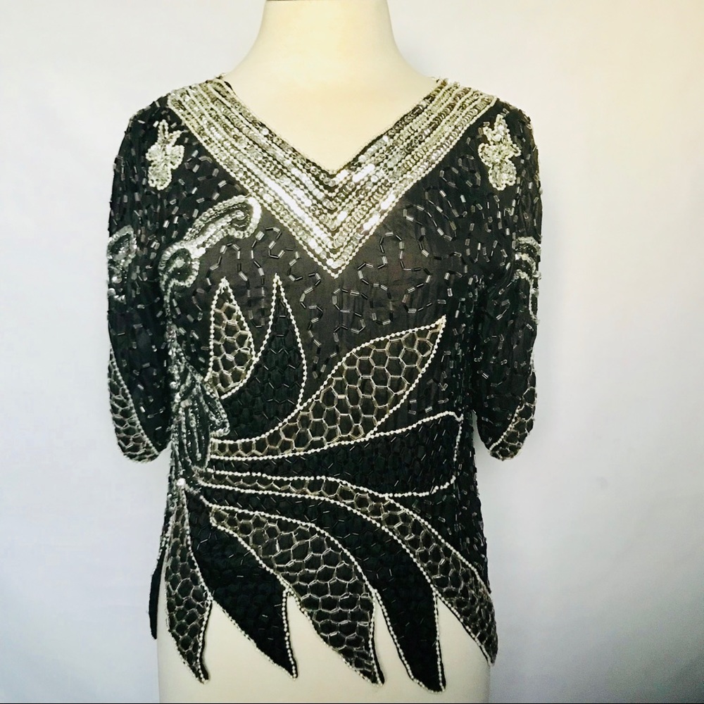 Vintage Black Sliver Sequins Beaded Top - Small - Picture 1 of 5